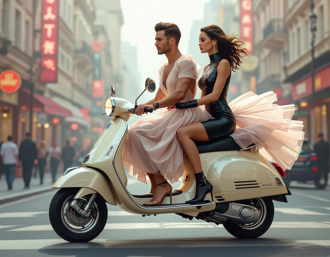 Futuristic Vespa Ride in Neo-Noir Cityscape