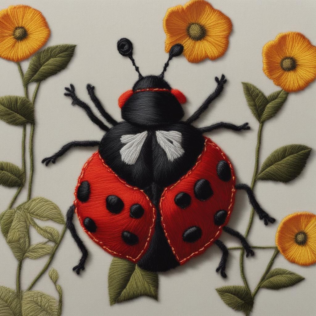Ladybug Pollinating and Embroidering: Contemporary Art