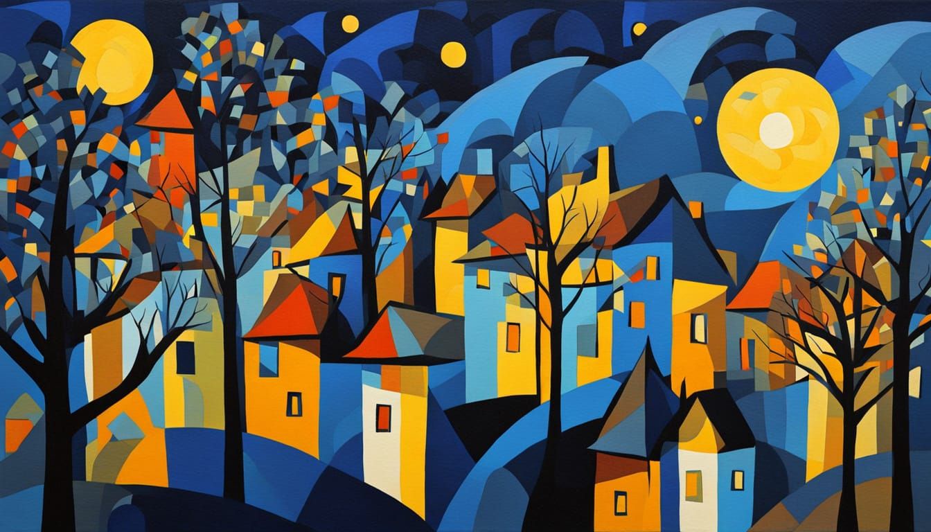 Cubist Village Under Moonlight: Abstract Dreamscape