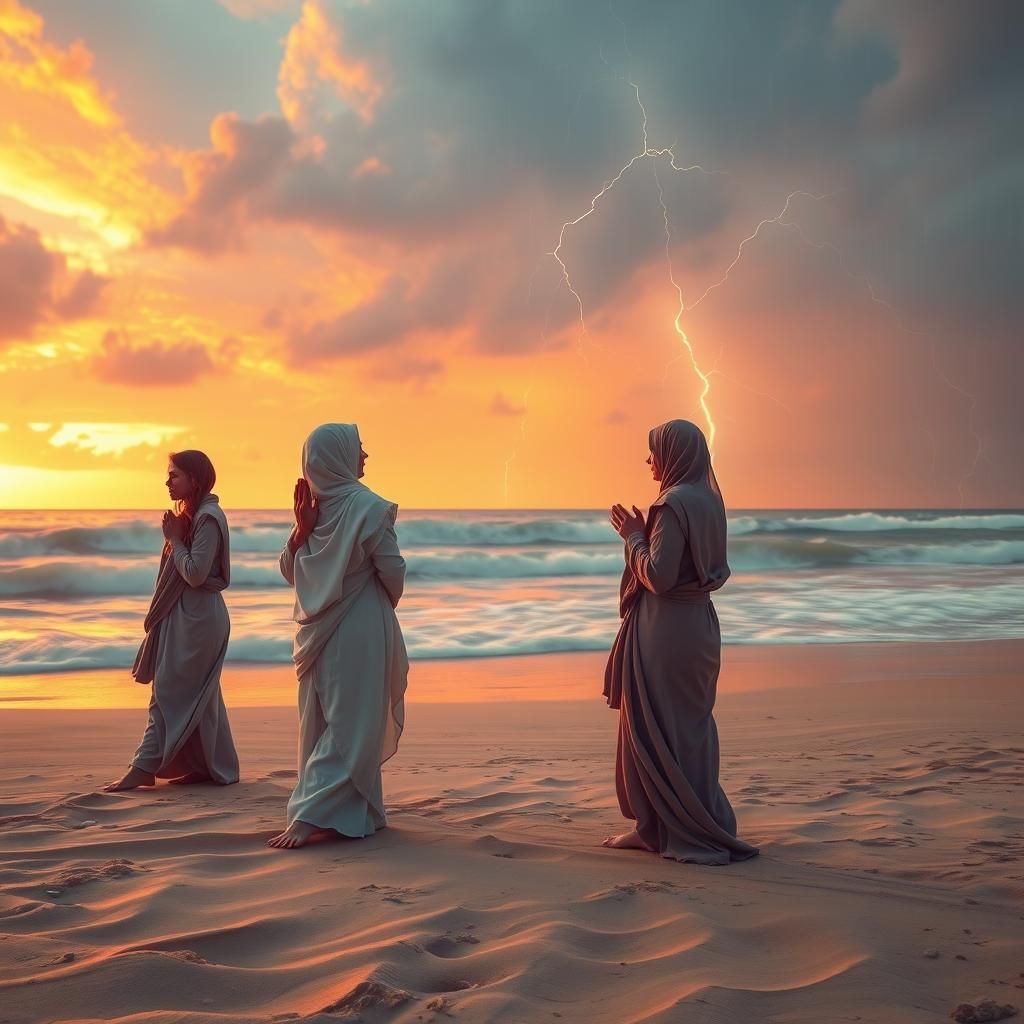 Ethereal Beach Prayer Scene in Hyperrealism