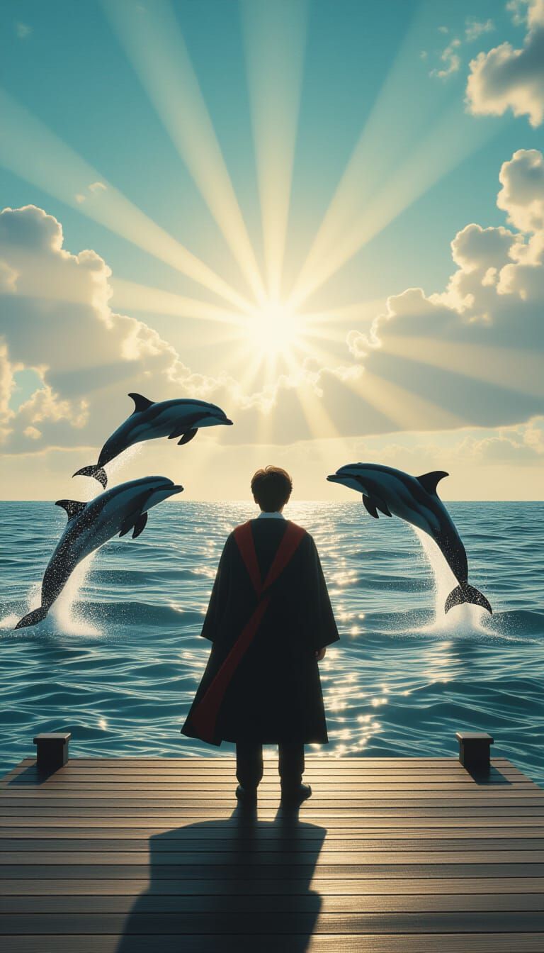 Cinematic Seascape with Dolphins in Kurosawa Style