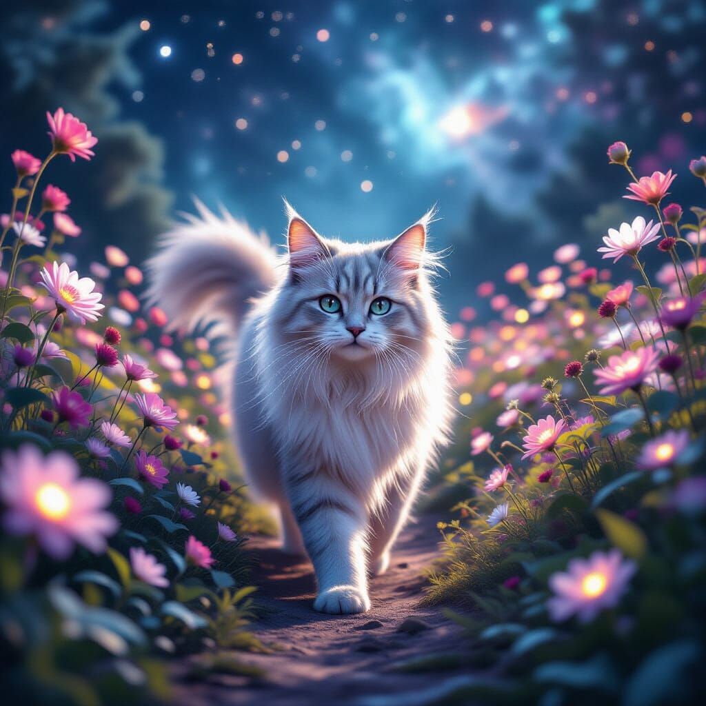 Ethereal Moonlight Cat in Cosmic Garden