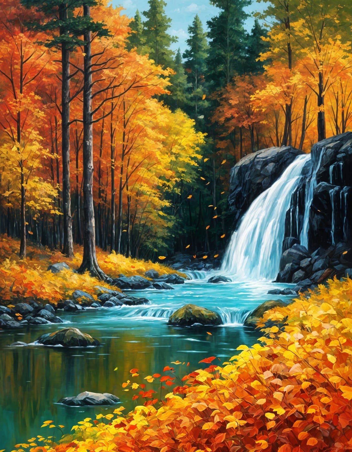 Vibrant Autumn Waterfall Oil Painting