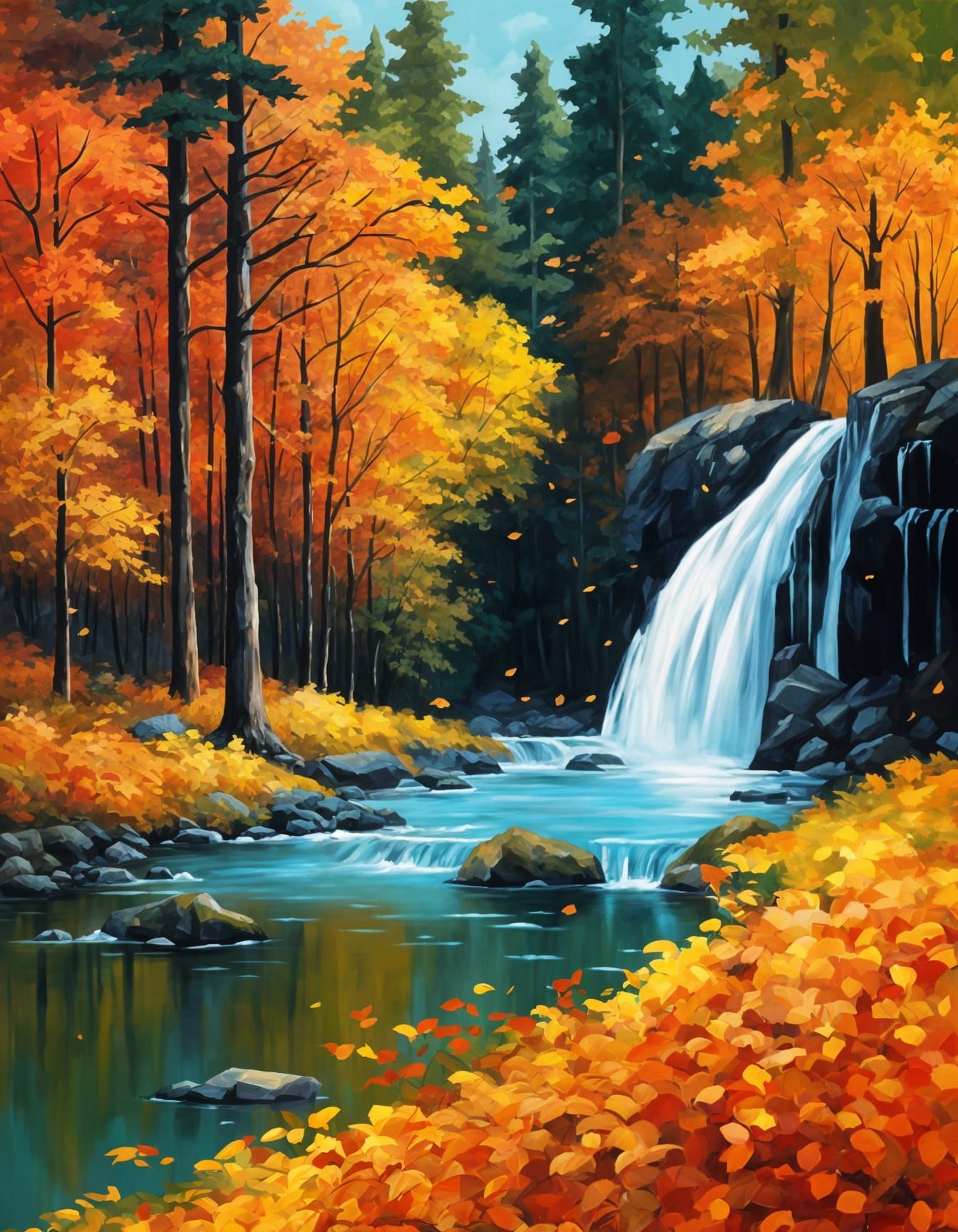 Vibrant Autumn Waterfall Oil Painting