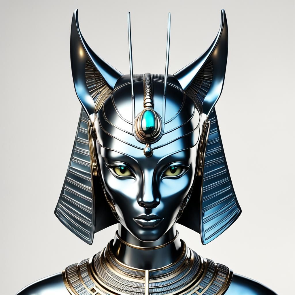 Futuristic Chrome Bastet: Sci-Fi Egyptian Goddess