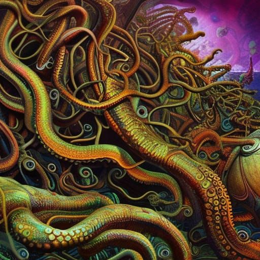 Intricate Octopus Garden in Giger-Inspired Psychedelic Art