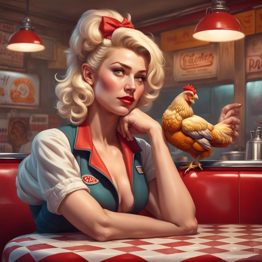 Blonde Woman in Diner with Chicken, Detailed Portrait