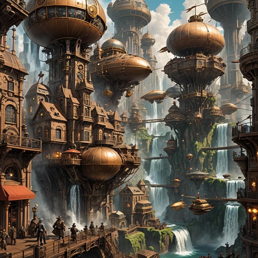 A steampunk cityscape bustling with airships