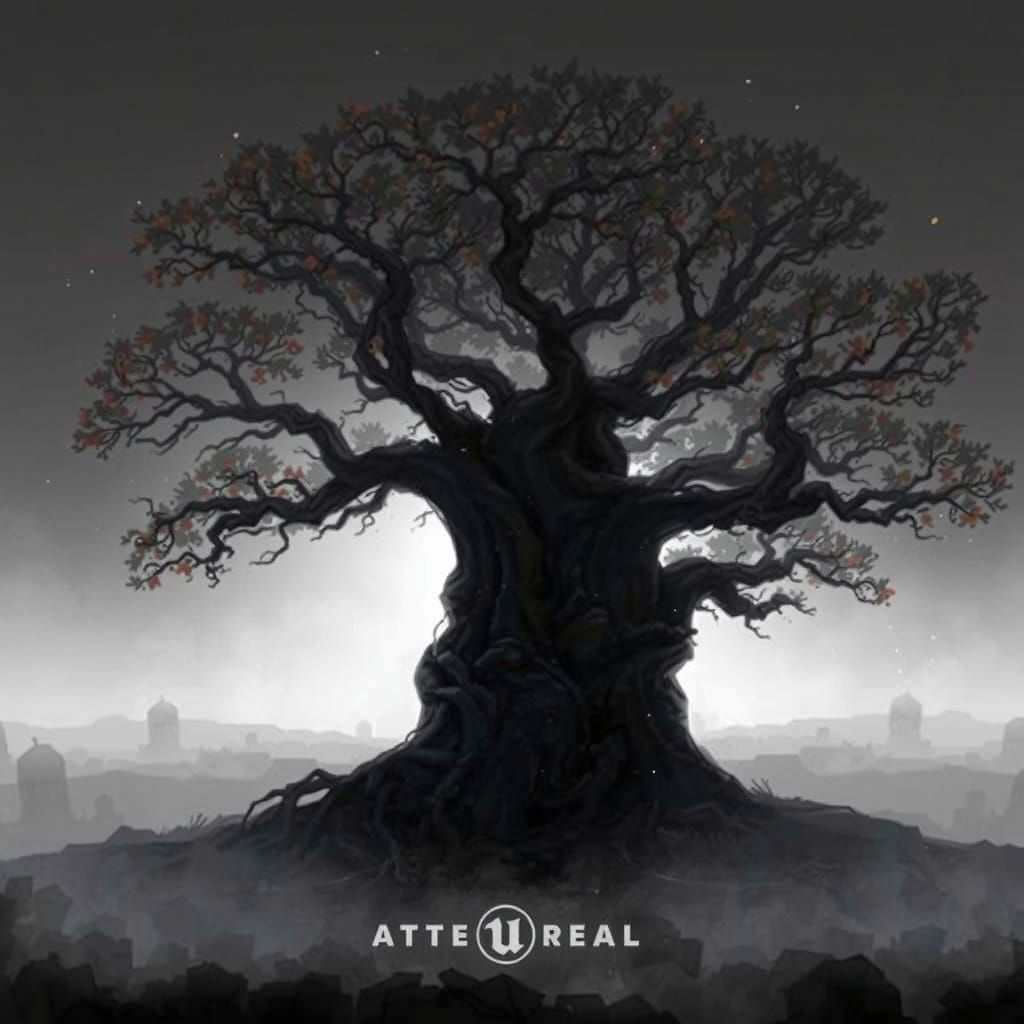 Ancient Oak Tree Silhouetted Against Otherworldly Dawn