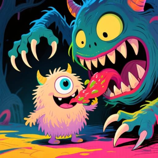 Adorable Monster Eats Terrifying Beast in Whimsical Illustra...