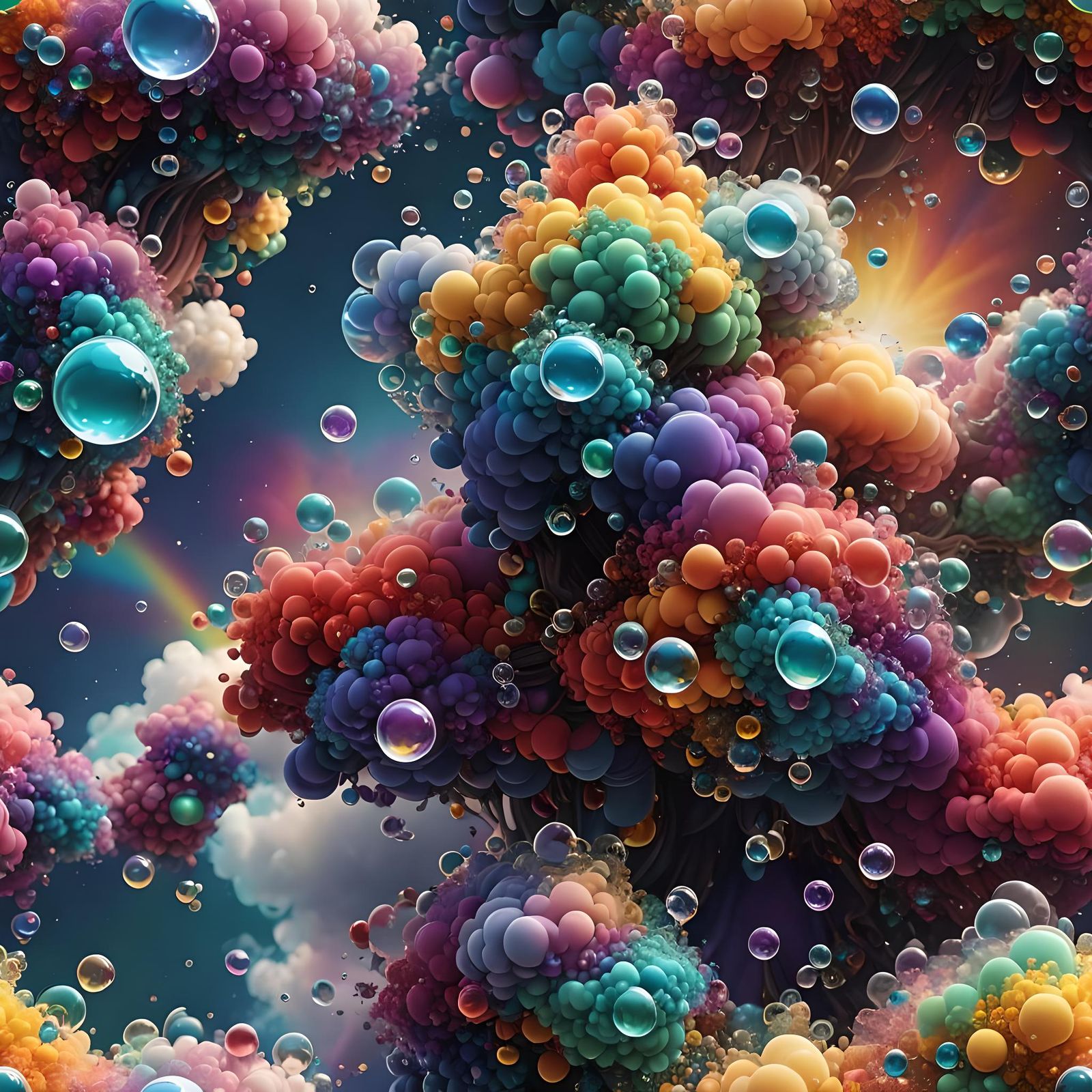 Fractal Rainbow Clouds with Crystal Bubbles