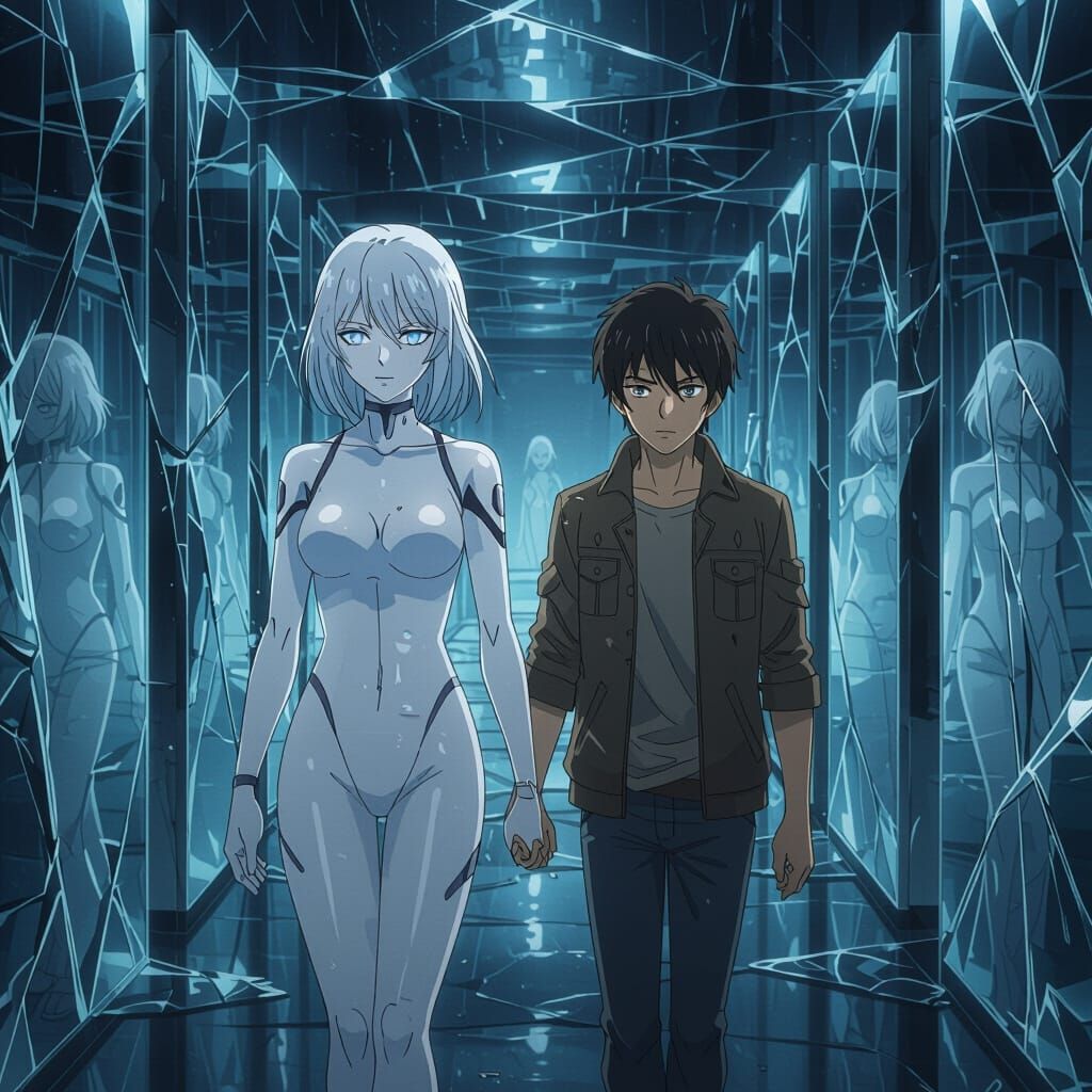 Anime Illustration: Woman Leads Man Through Fractured Mirror...