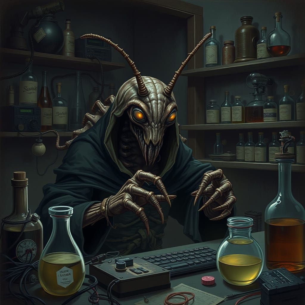 Grotesque, Dark-Romantic Humanoid in Tattered Robes