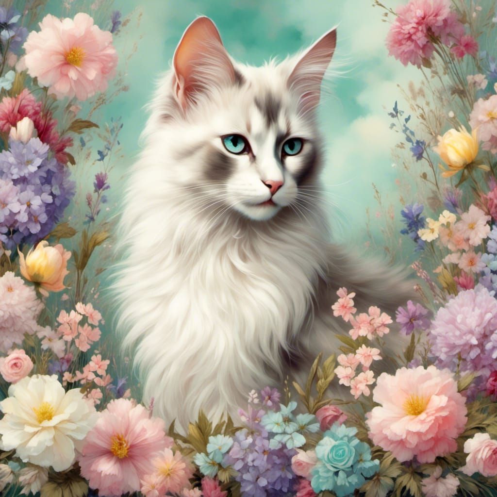 Floral Easter Cat in Victorian Watercolor Style