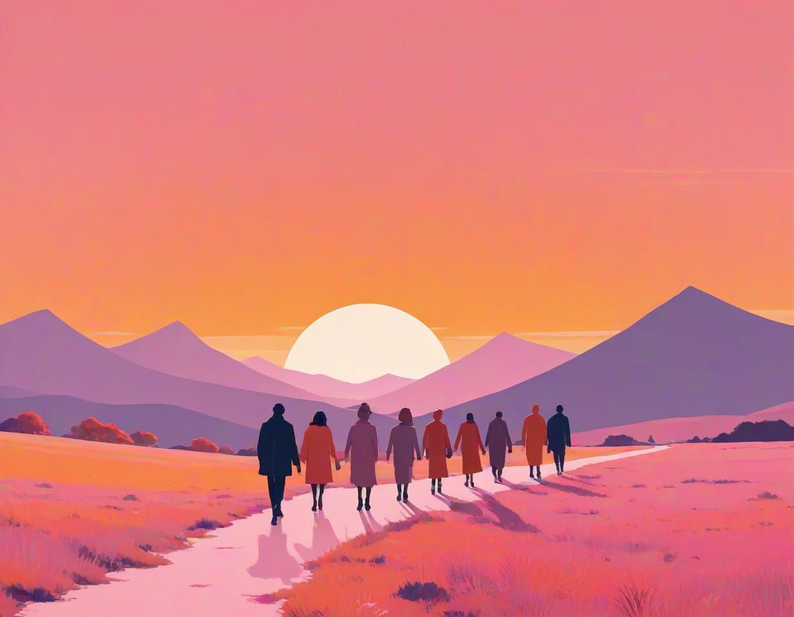 Fantasy Creatures in Sunset Procession