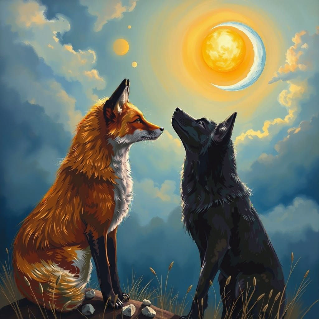 Mythical Fox and Black Wolf in Harmonious Union, Under Celes...