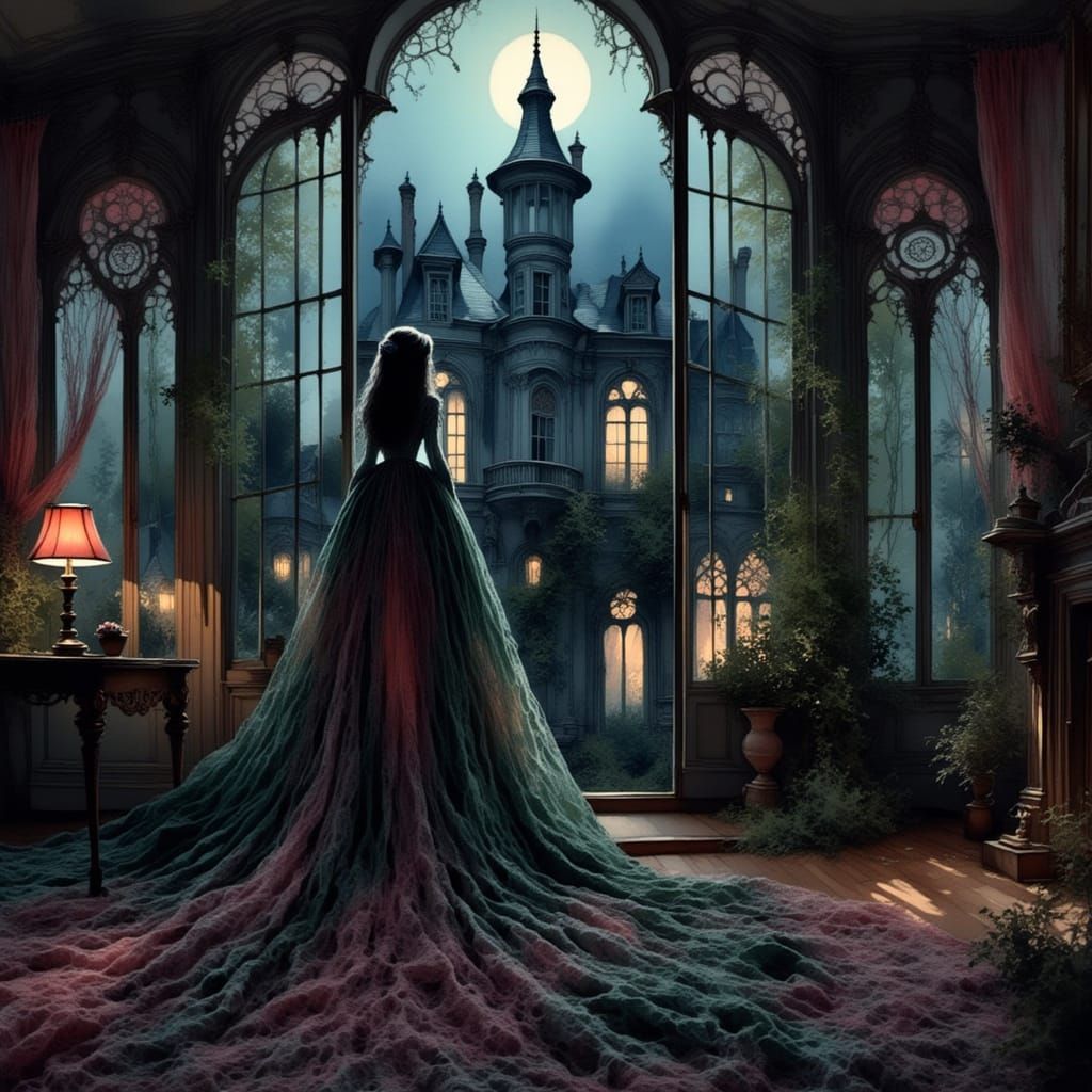 Gothic Witch Moonlight Scene Painting