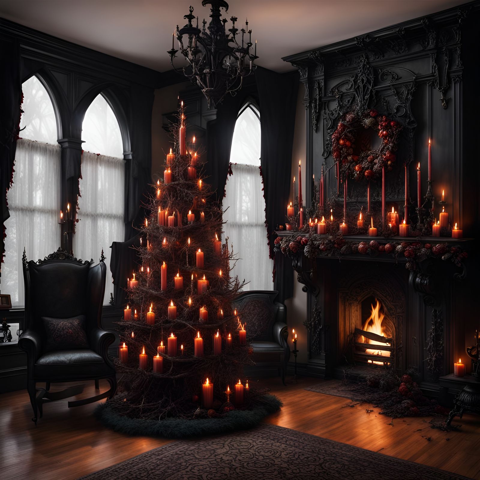 Burning Gothic Christmas Tree in Haunted Mansion
