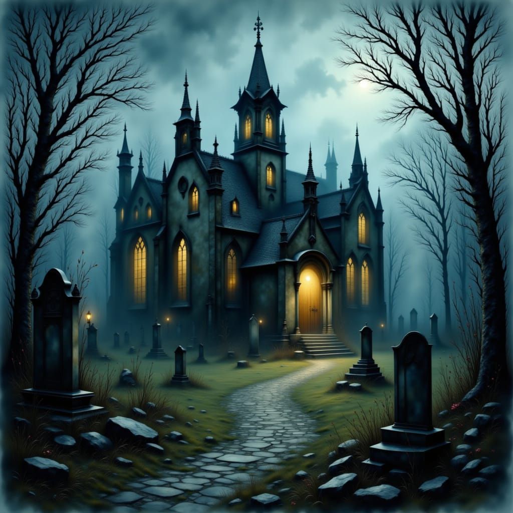 Misty Creepy Church With Glowing Light