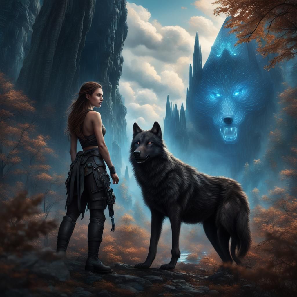 Girl Rides Black Wolf: Detailed Digital Matte Painting