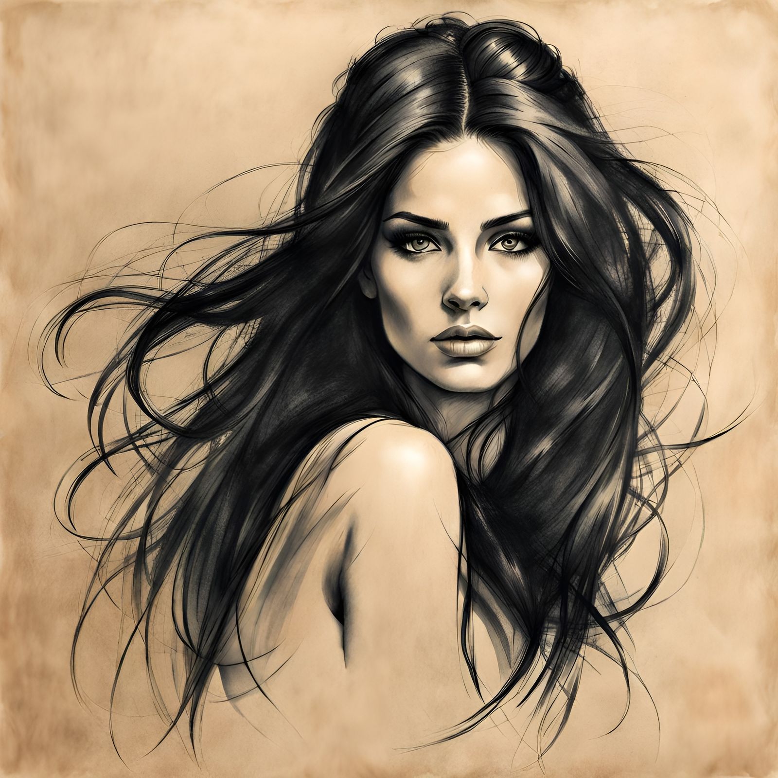 Sensual Charcoal Portrait of Woman with Long Hair