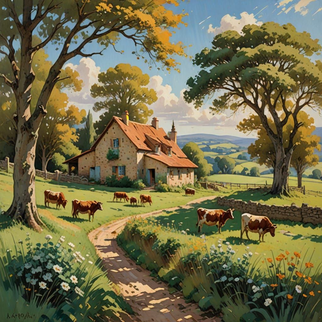 Idyllic French Countryside Scene with Cows and Sheep in a Ro...