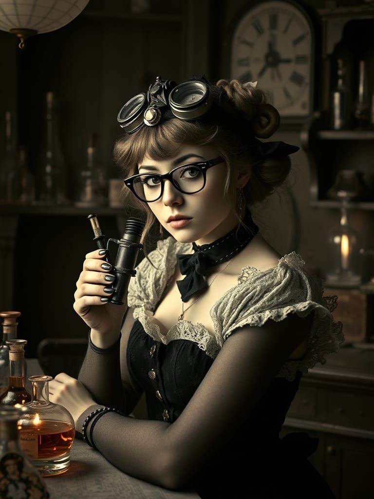 Steampunk Alchemist in Pop Surrealist Laboratory
