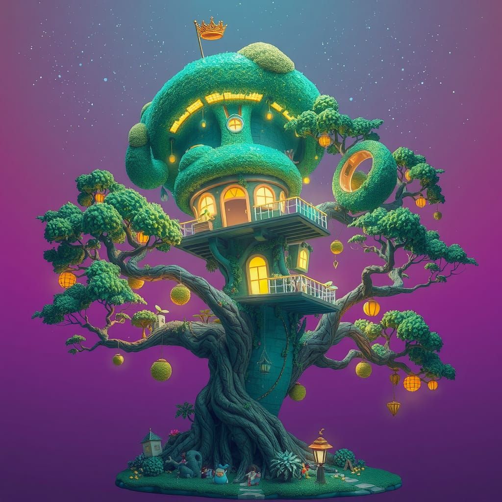 Surreal Holographic Treehouse in Midair