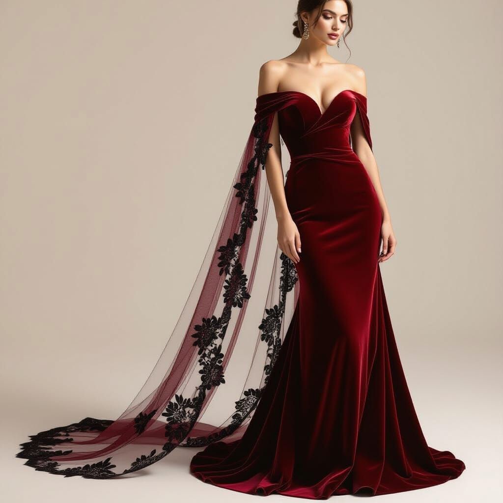 Woman in Crimson Velvet Gown with Black Lace