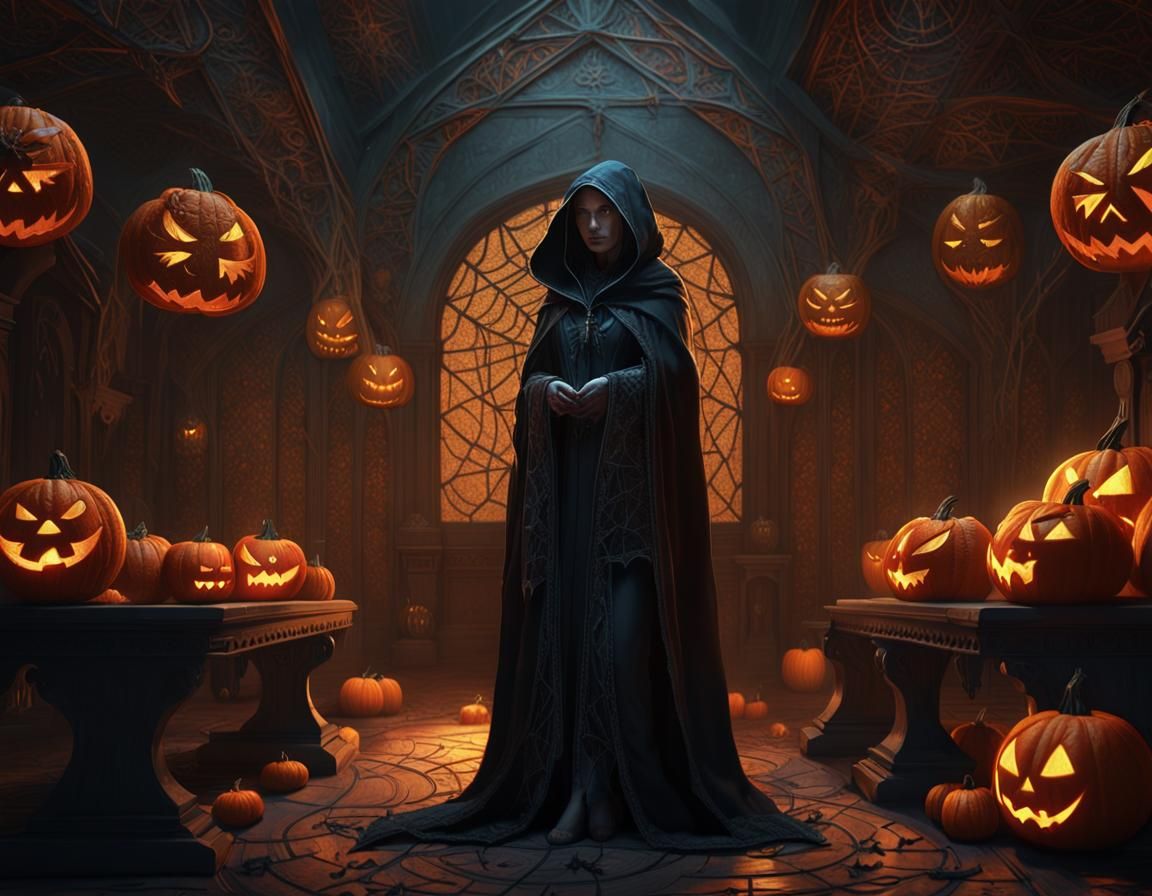 Mysterious Sorceress in Halloween Room, Dark Fantasy Art