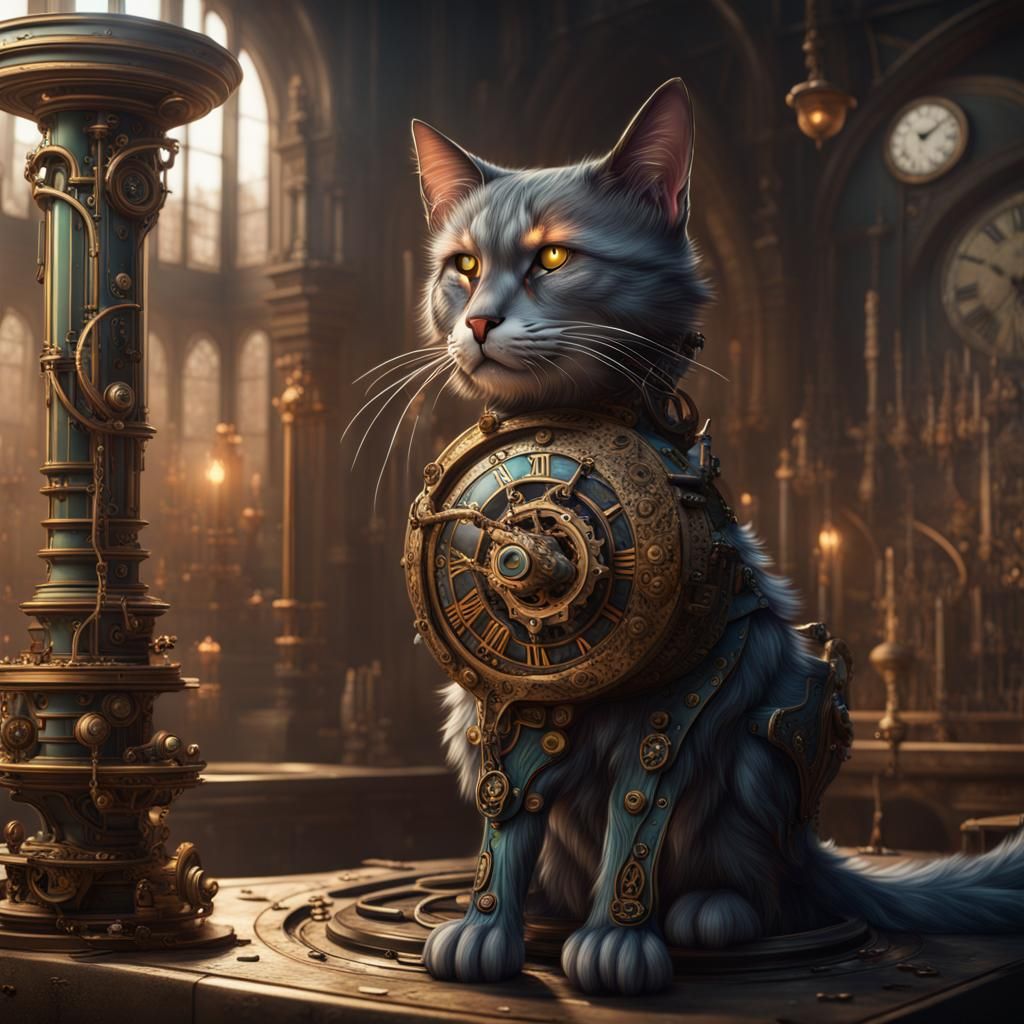 Intricate Clockwork Cat in Detailed Matte Painting
