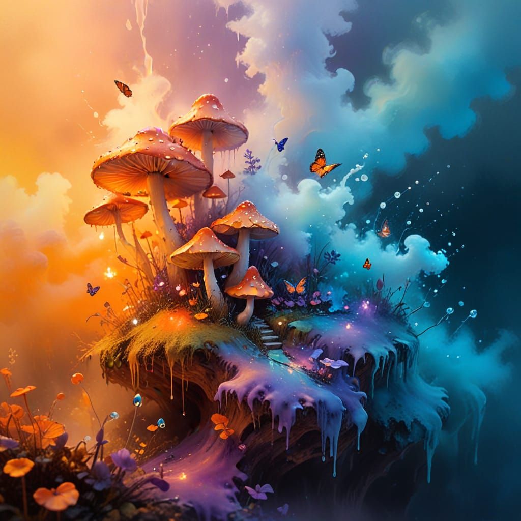 Miniature fairy village built in giant mushrooms; glowing toadstools; dewdrop lanterns; butterfly transport; ultra foggy...