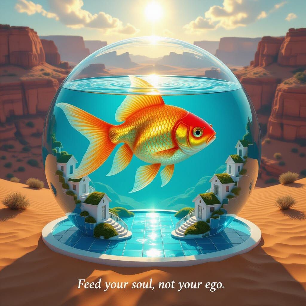 Surreal Desert Oasis with Giant Goldfish