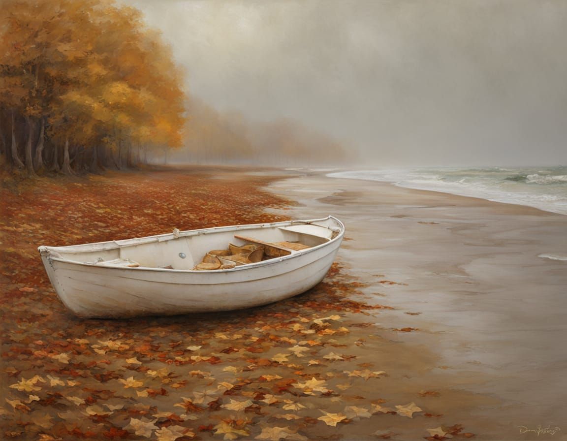 White Dinghy Stranded on Foggy Autumn Beach