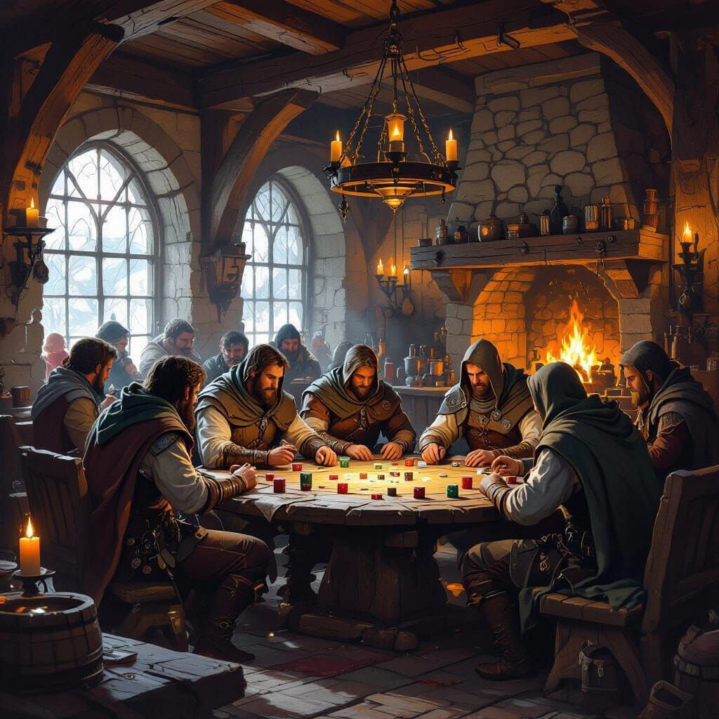 Medieval Tavern Scene with Patrons Playing Dice
