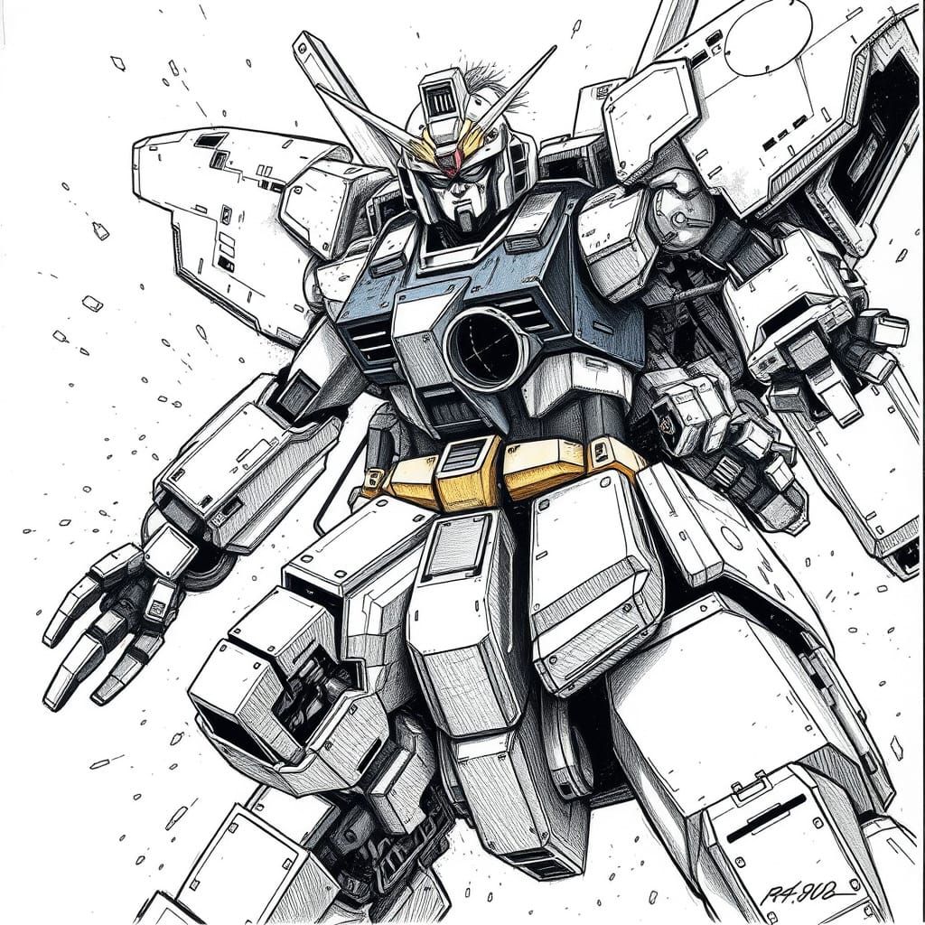 Gundam Pilot Emerges from Cockpit in Detailed Ink Drawing