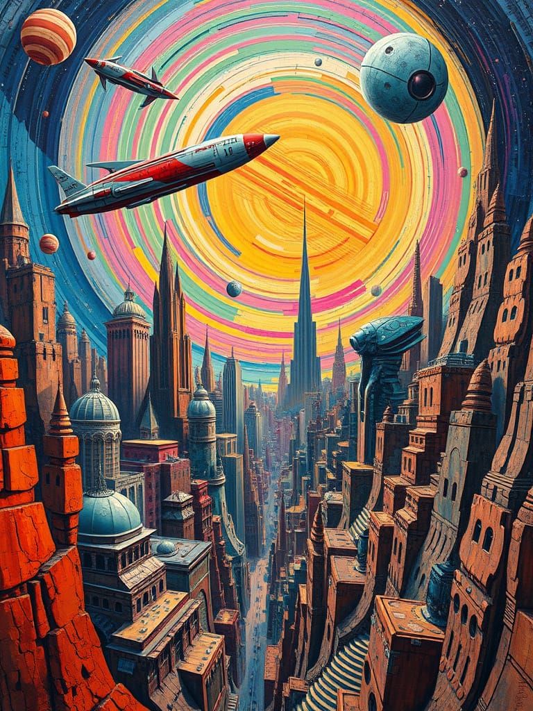 A mosaic of pulpy sci-fi tropes; retro pulp science fiction aesthetic