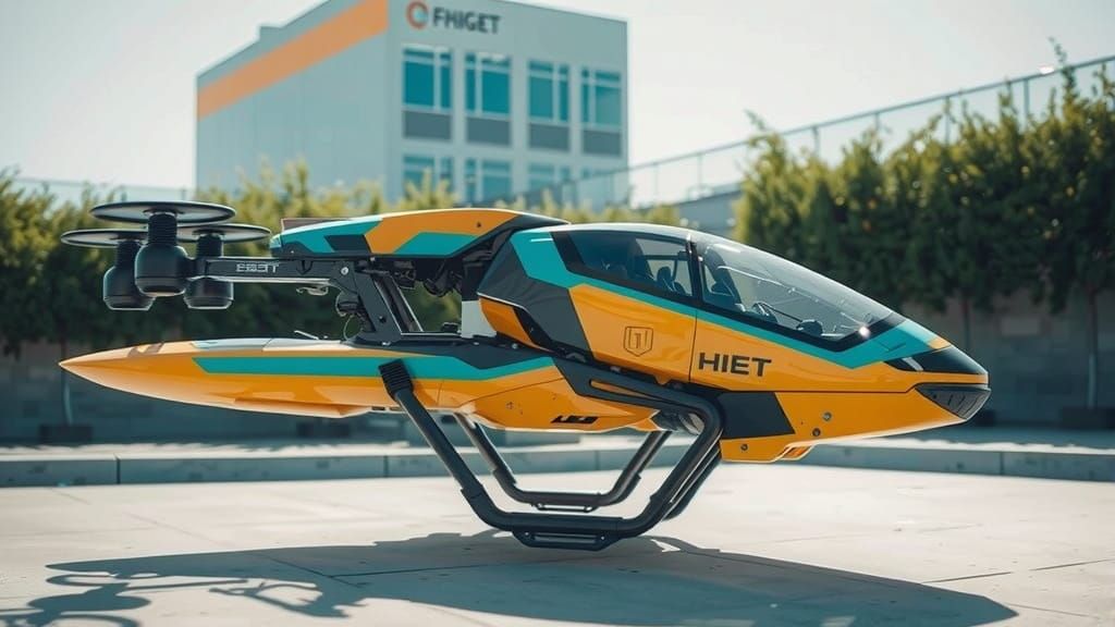 Sleek Hoverbike in Mid-Air, Floating Over Futuristic Courtya...