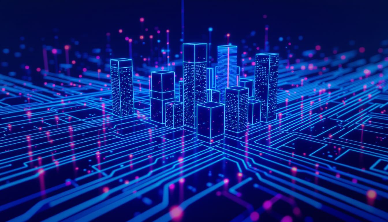 Abstract Blockchain Cityscape with Neon Data Streams
