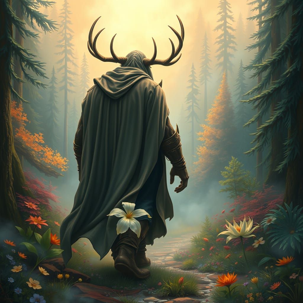 Mystical Antlered Giant in Forest: Kinkade Style