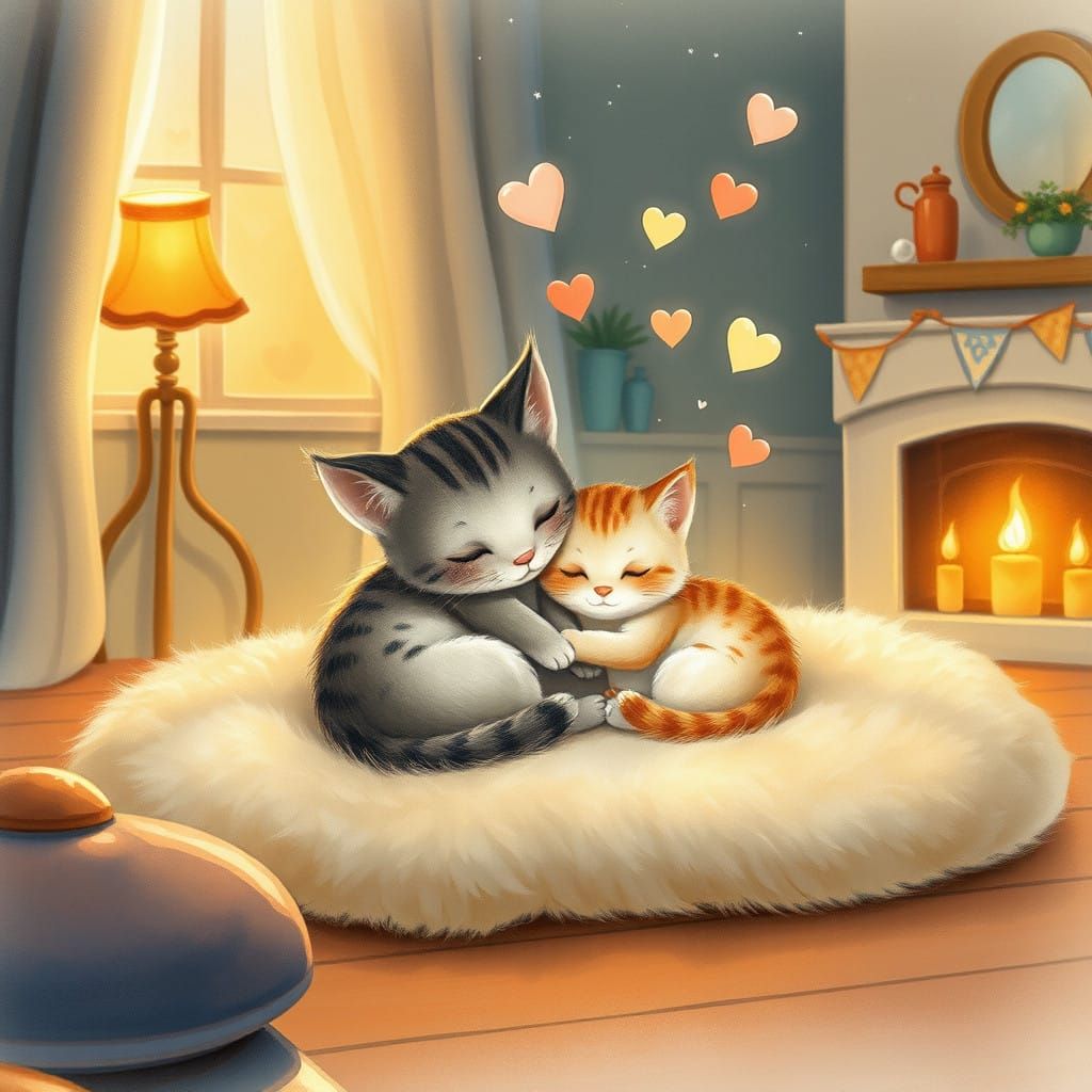 Mama Cat and Kitten Snuggle Up Together in a Cozy Living Roo...