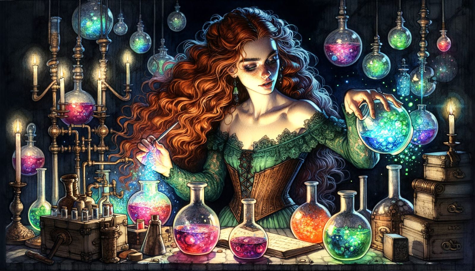 Alchemist Woman Mixing Bioluminescent Substances