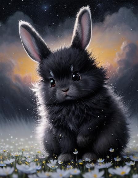 Fluffy Bunny in Flower Rain, Detailed Oil Painting