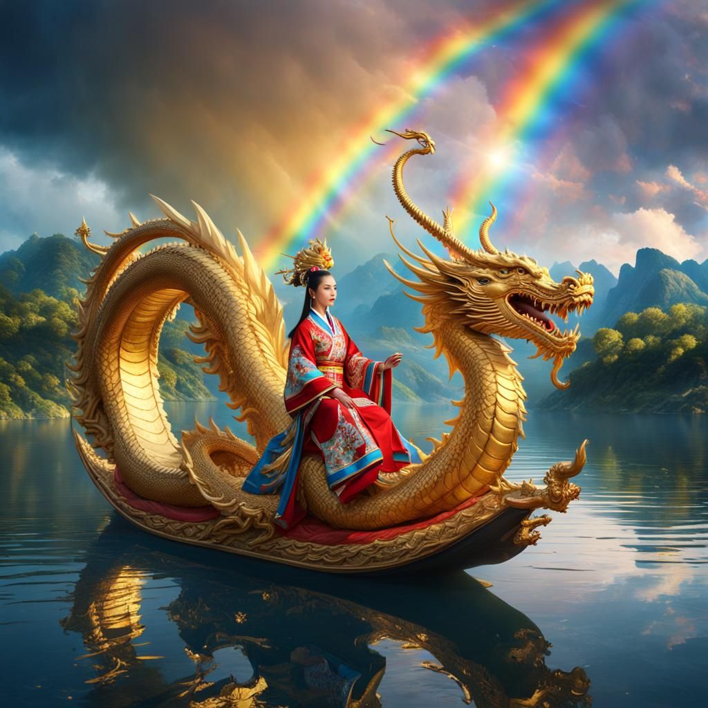 Chinese Lady on Golden Dragon to Heaven