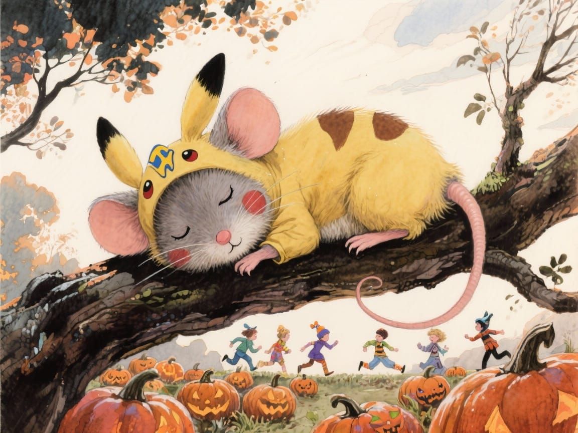 Cute Fluffy Mouse in Pikachu Costume on Tree Branch