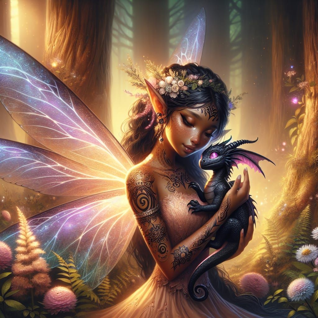 Fairy with Dragon in Enchanted Forest