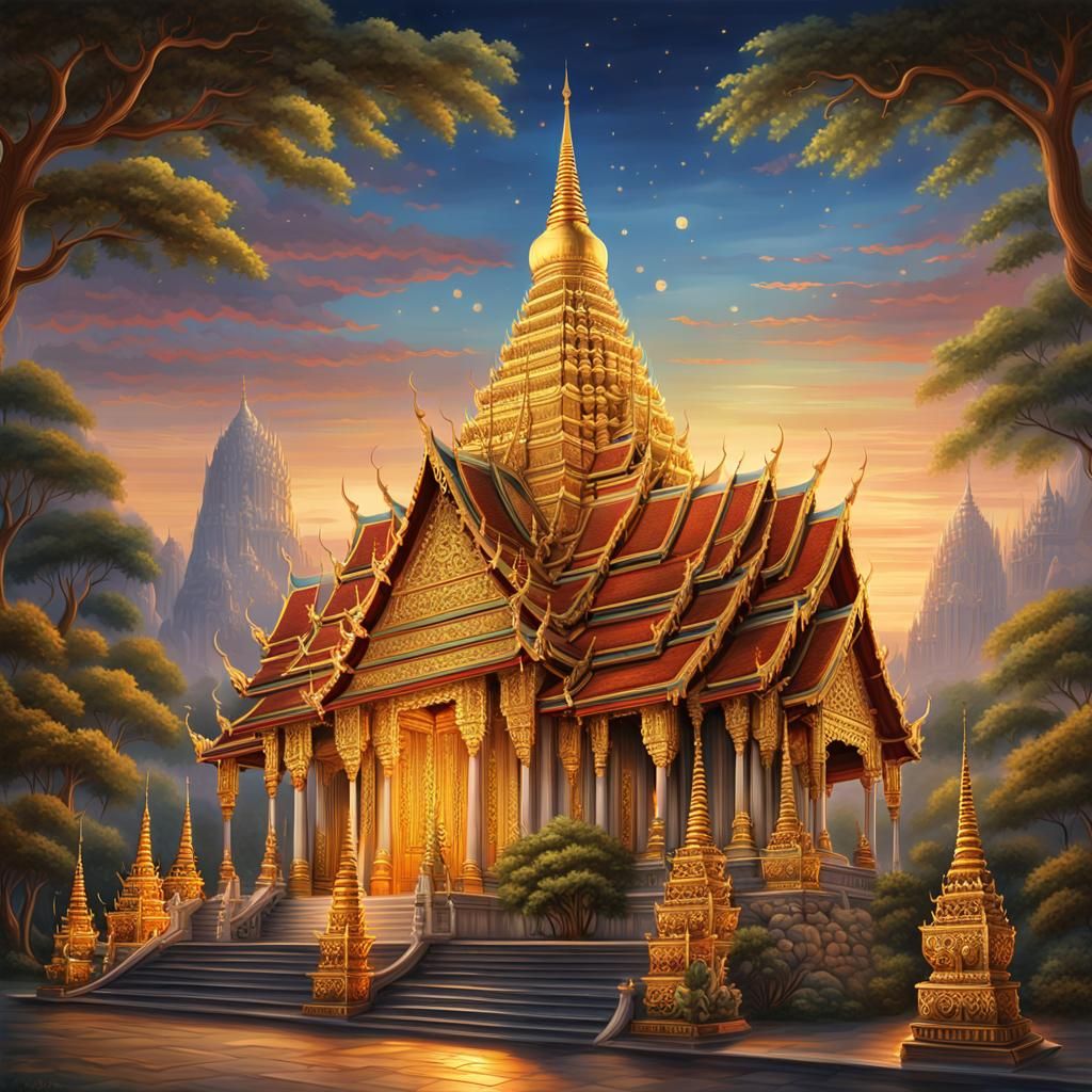 Majestic Thai Temple Painting with Golden Light