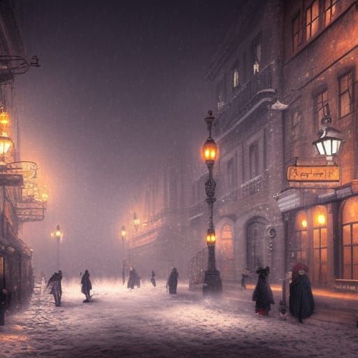 Steampunk City in Snowy Night: Detailed Matte Painting