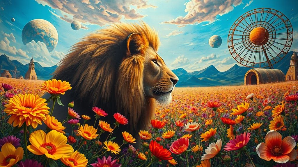 Surreal Solarpunk Lion's Garden: A Melting Paradise in Hyper...