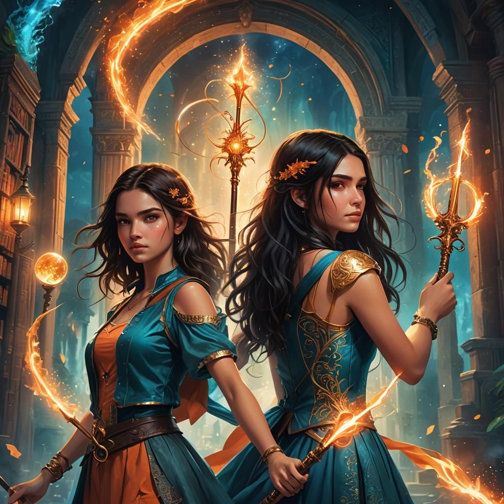 Fantasy Book Cover with Two Magical Girls